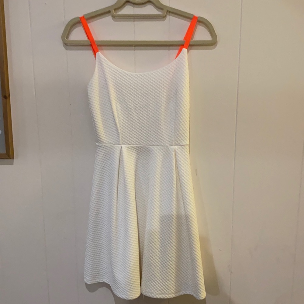 Trendy White Dress w Neon Coral Straps